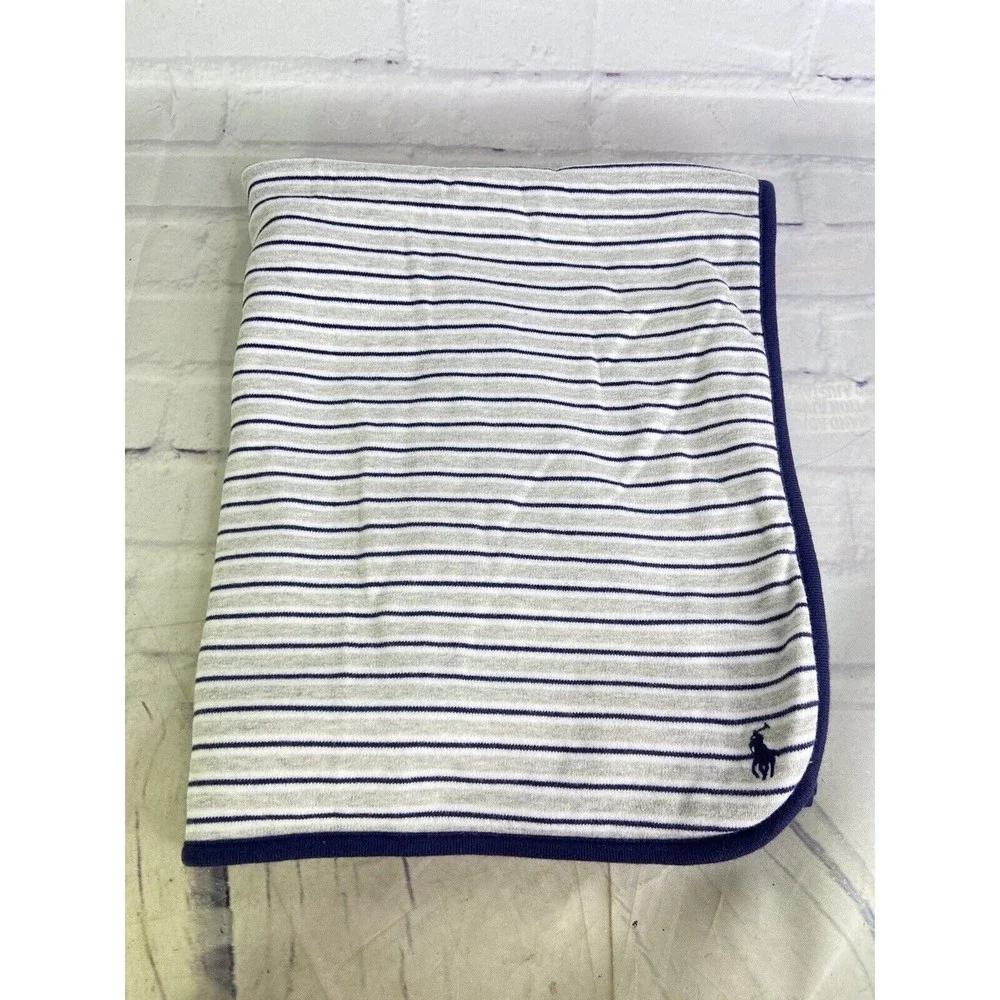 Ralph Lauren Polo Baby Knit Striped White Gray Blue Receiving Security Blanket